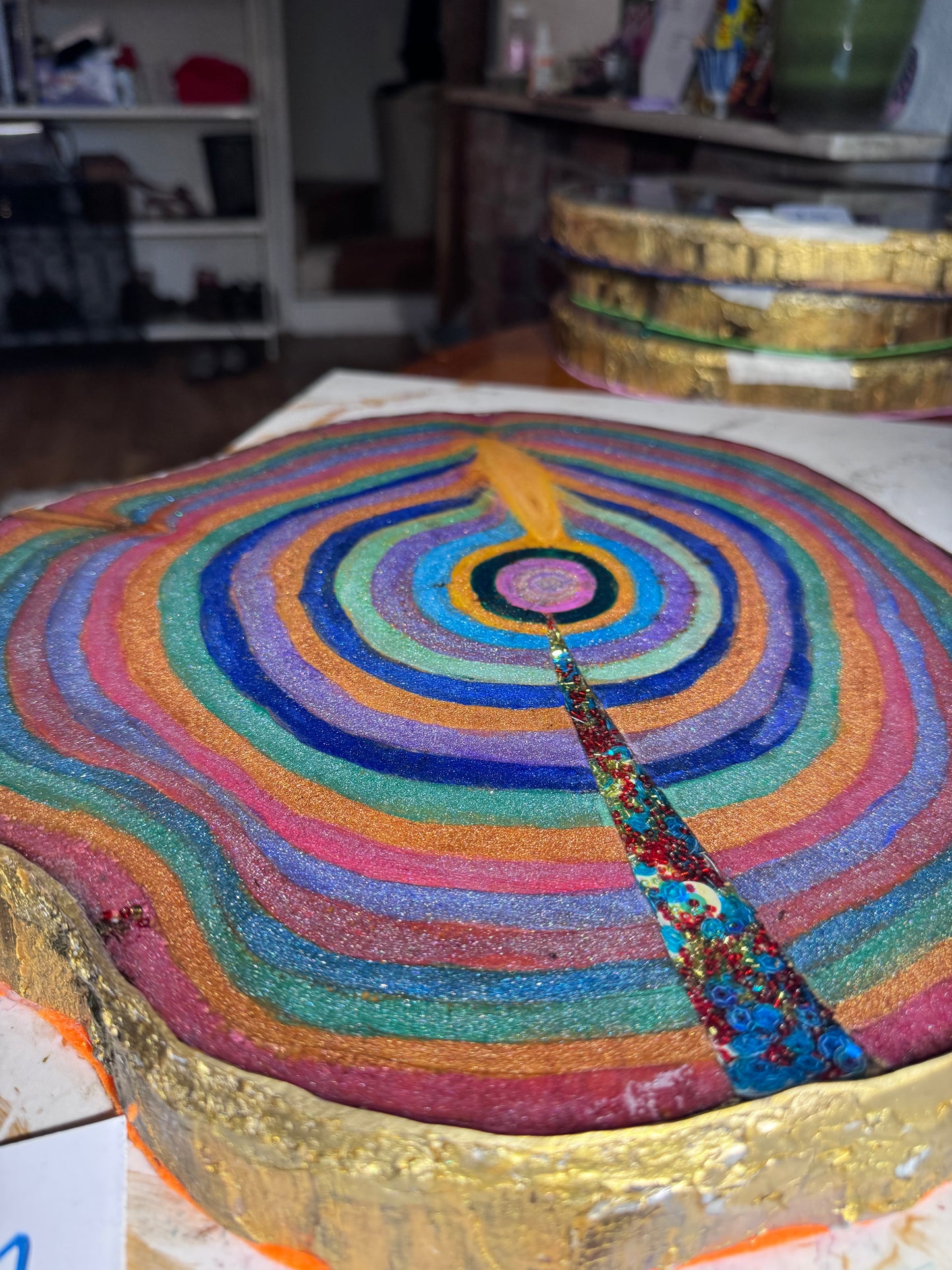 Large wooden epoxied plinth table centrepiece