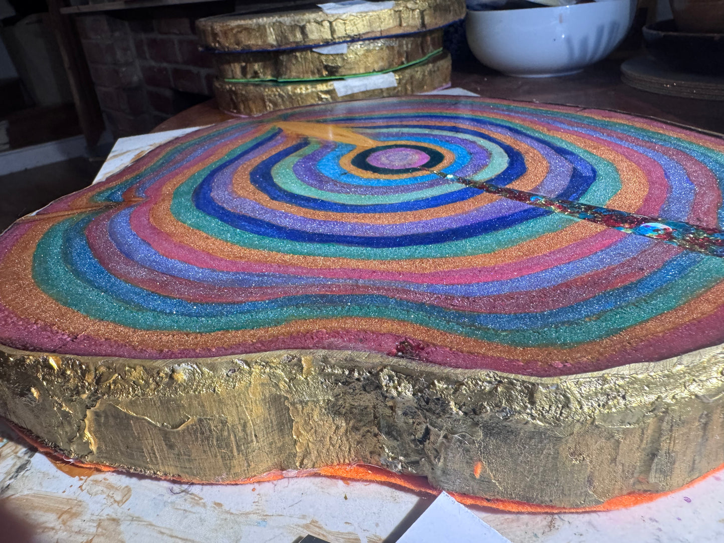 Large wooden epoxied plinth table centrepiece