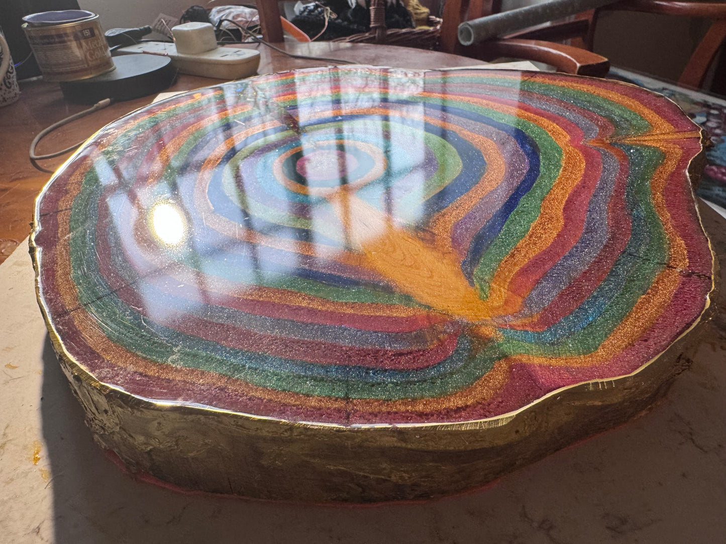 Large wooden epoxied plinth table centrepiece