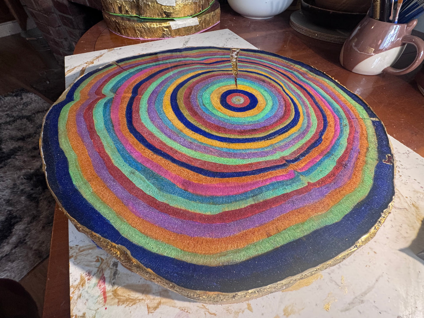 Large wooden epoxied plinth table centrepiece