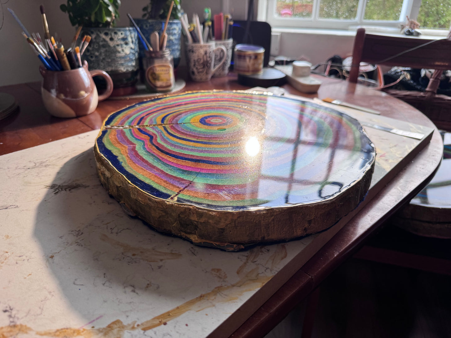 Large wooden epoxied plinth table centrepiece