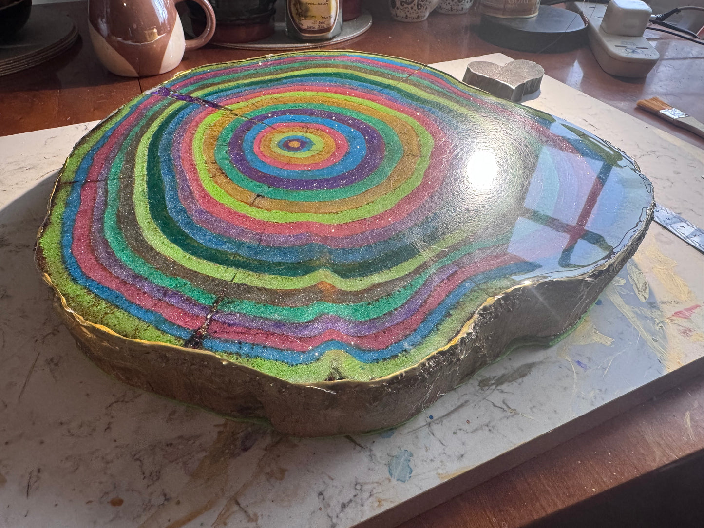 Large wooden epoxied plinth table centrepiece