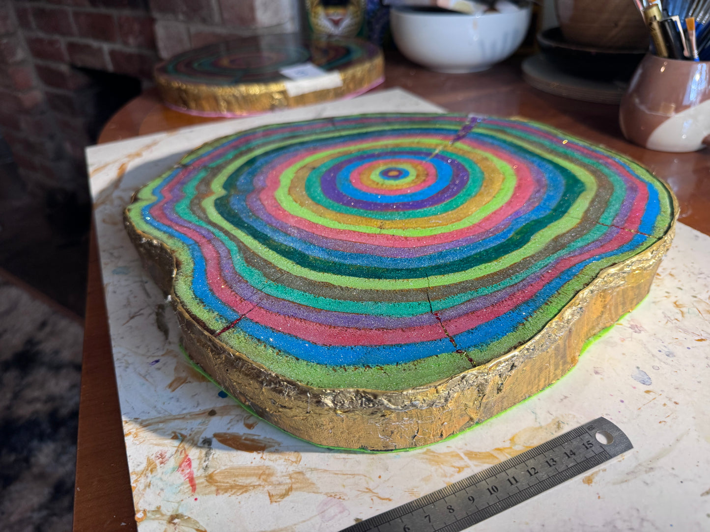 Large wooden epoxied plinth table centrepiece