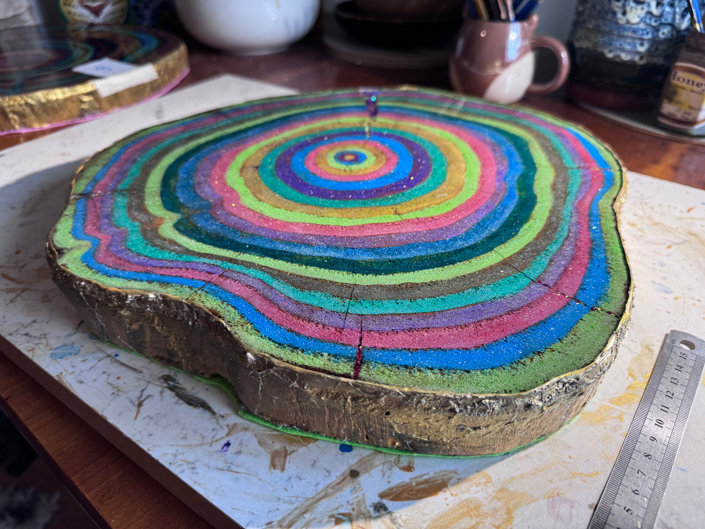 Large wooden epoxied plinth table centrepiece