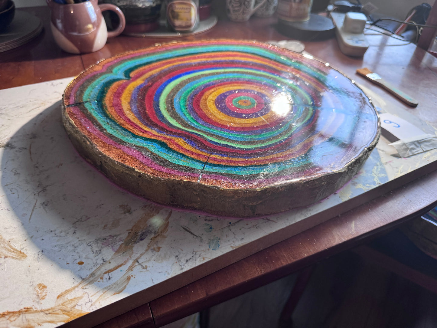 Large wooden epoxied plinth table centrepiece