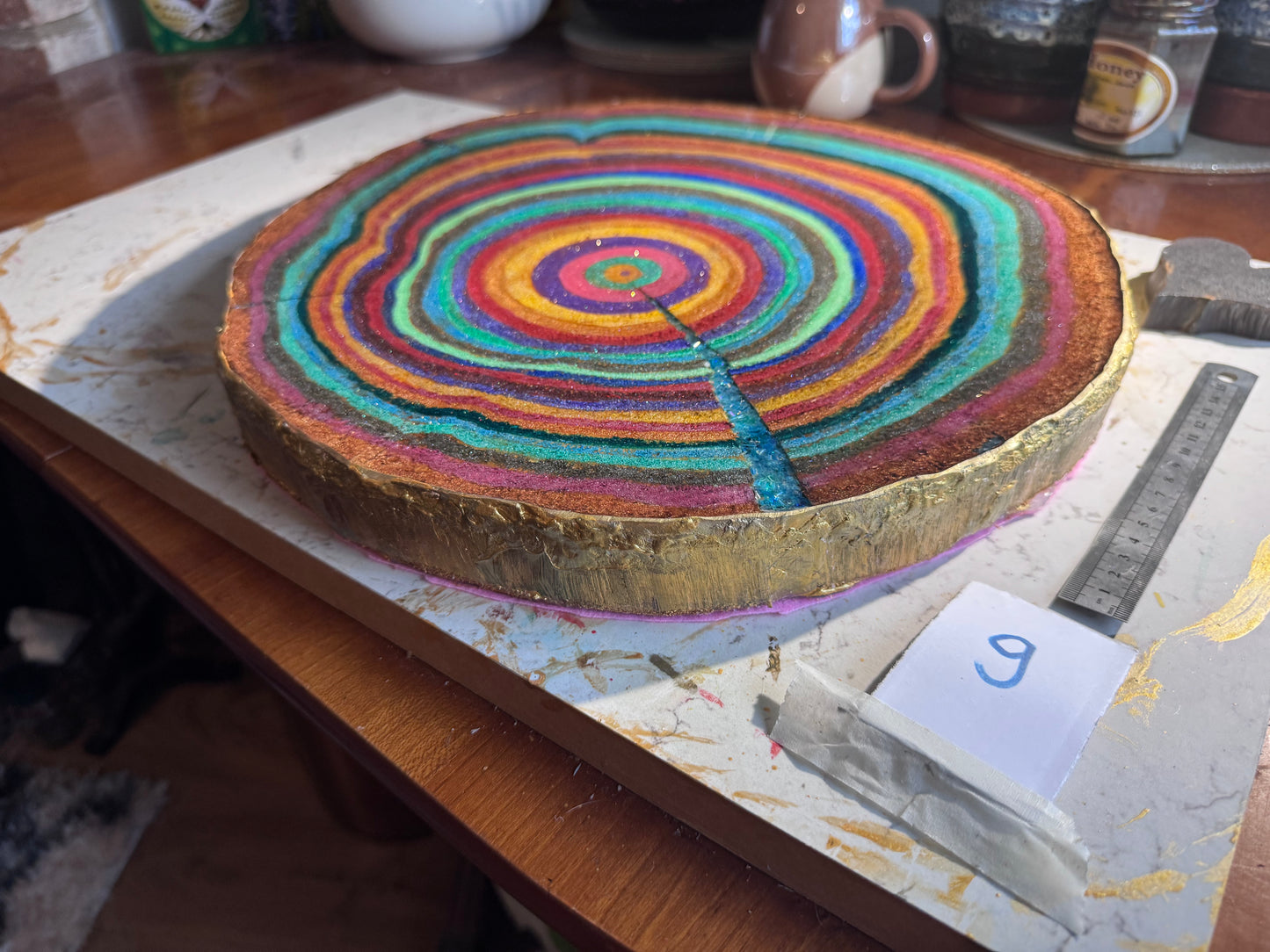 Large wooden epoxied plinth table centrepiece